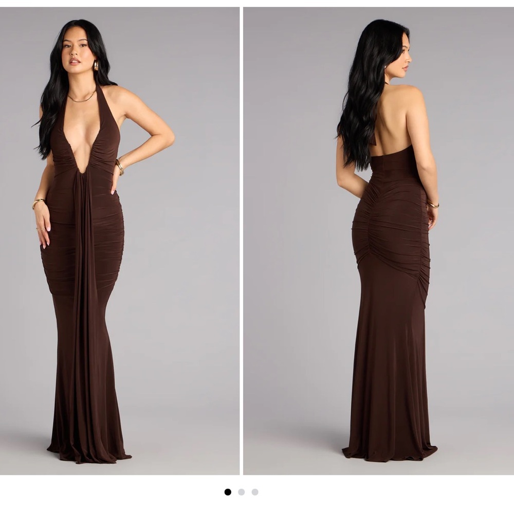 Elegant Brown Halter Maxi Dress.